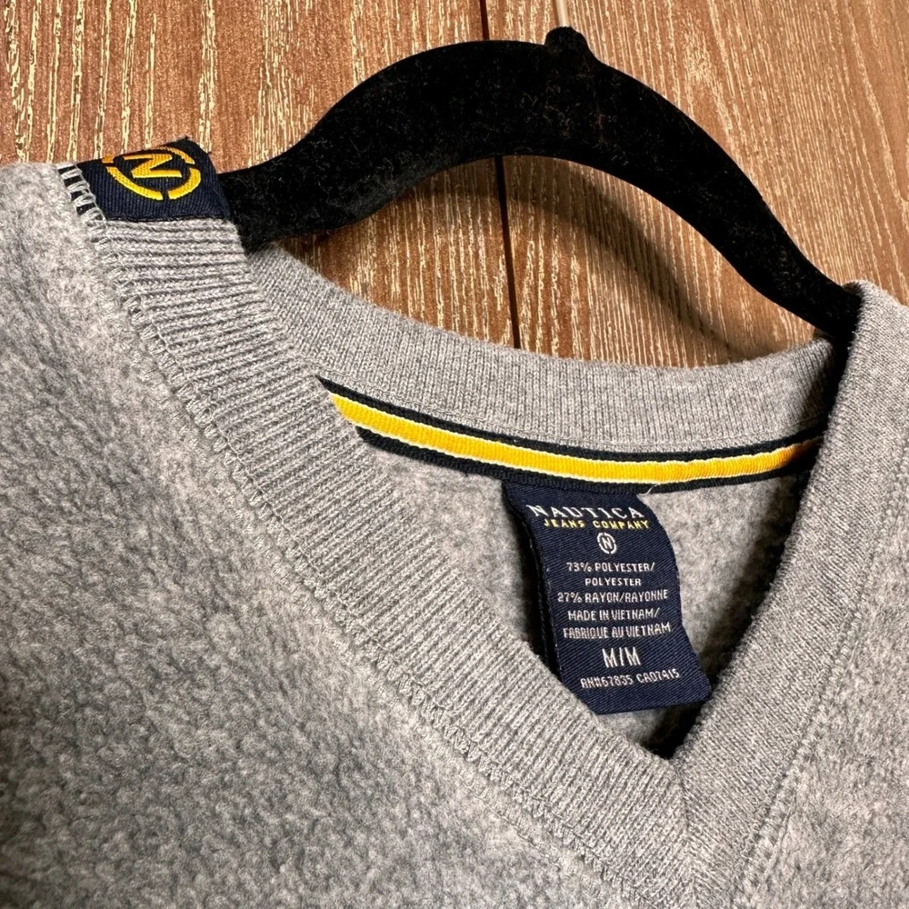 Vtg‎ Racing Striped Nautica Jeans Mens V-Neck Fleece Sweater Medium Retro Grunge